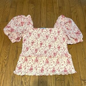 CECE Womens Crop Top Sz Medium Smocked Floral Pink Cottagecore Coquette Ruffle